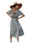 Floerns Women's Short Sleeve Boho Floral Dress A Line Smocked Midi Dress A Green Multi S