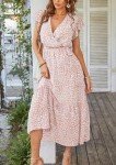 PRETTYGARDEN Women's 2023 Floral Summer Dress Wrap V Neck Short Sleeve Belted Ruffle Hem A-Line Bohemian Maxi Dresses (Pink,Medium)