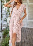 PRETTYGARDEN Women's 2023 Floral Summer Dress Wrap V Neck Short Sleeve Belted Ruffle Hem A-Line Bohemian Maxi Dresses (Pink,Medium)