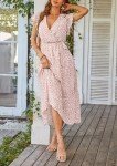 PRETTYGARDEN Women's 2023 Floral Summer Dress Wrap V Neck Short Sleeve Belted Ruffle Hem A-Line Bohemian Maxi Dresses (Pink,Medium)