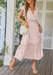 PRETTYGARDEN Women's 2023 Floral Summer Dress Wrap V Neck Short Sleeve Belted Ruffle Hem A-Line Bohemian Maxi Dresses (Pink,Medium)