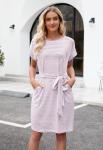 MEROKEETY Women's Summer Striped Short Sleeve T Shirt Dress Casual Tie Waist Midi Dress, Dustypink, S