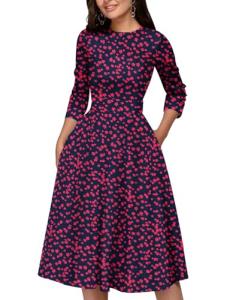 Simple Flavor Women's Floral Vintage Dress Elegant Midi Evening Dress 3/4 Sleeves (Red, L)