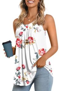 LONGYUAN Women's Casual Tunics Sleeveless Loose Fit Tank Top Cute Pleated Print Blouse Floral White X-Large