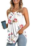 LONGYUAN Women's Casual Tunics Sleeveless Loose Fit Tank Top Cute Pleated Print Blouse Floral White X-Large