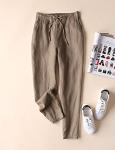 IXIMO Women's Tapered Pants 100% Linen Drawstring Back Elastic Waist Pants Trousers with Pockets Dark Khaki Large