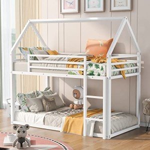 Merax Bunk Bed Twin Over Twin Metal Floor Bunk Bed with Ladder, House Shaped Bunk Bed Frame with Metal Slats for Dormitory and Bedroom, Space Saving, No Box Spring Needed