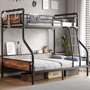 Jocoevol Metal Bunk Bed Twin Over Full, Industrial Bunkbeds Heavy Duty Bed with Safety Guard Rails and Space-Saving Design, Steel Bed for School, Bedroom (Vintage Brown)