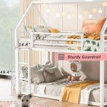 Merax Bunk Bed Twin Over Twin Metal Floor Bunk Bed with Ladder, House Shaped Bunk Bed Frame with Metal Slats for Dormitory and Bedroom, Space Saving, No Box Spring Needed