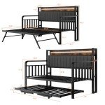 Daybed with Trundle and LED Light, Heavy Duty Metal Twin Bed Frame with Upholstered Storage Headboard & Charging Station, Day Bed Pop Up Trundle Bed Twin for Living Room,Bedroom and Guest Room (Brown)