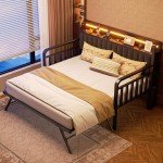 Daybed with Trundle and LED Light, Heavy Duty Metal Twin Bed Frame with Upholstered Storage Headboard & Charging Station, Day Bed Pop Up Trundle Bed Twin for Living Room,Bedroom and Guest Room (Brown)