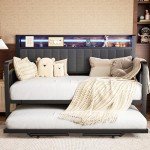Daybed with Trundle and LED Light, Heavy Duty Metal Twin Bed Frame with Upholstered Storage Headboard & Charging Station, Day Bed Pop Up Trundle Bed Twin for Living Room,Bedroom and Guest Room (Brown)