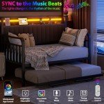 Daybed with Trundle and LED Light, Heavy Duty Metal Twin Bed Frame with Upholstered Storage Headboard & Charging Station, Day Bed Pop Up Trundle Bed Twin for Living Room,Bedroom and Guest Room (Brown)