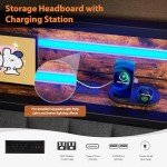 Daybed with Trundle and LED Light, Heavy Duty Metal Twin Bed Frame with Upholstered Storage Headboard & Charging Station, Day Bed Pop Up Trundle Bed Twin for Living Room,Bedroom and Guest Room (Brown)