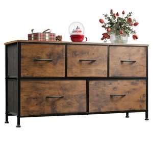 WLIVE Dresser for Bedroom with 5 Drawers, Wide Chest of Drawers, Fabric Dresser, Storage Organizer Unit with Fabric Bins for Closet, Living Room, Hallway, Rustic Brown Wood Grain Print