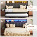 Daybed with Trundle and LED Light, Heavy Duty Metal Twin Bed Frame with Upholstered Storage Headboard & Charging Station, Day Bed Pop Up Trundle Bed Twin for Living Room,Bedroom and Guest Room (Brown)