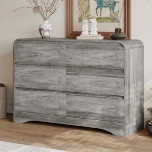 SOLACE FURNITURE Dresser for Bedroom, 47" Farmhouse Chest of Drawers Organize, Grey 6 Drawer Dresser, Curved Edge Design, Farmhouse Style Dresser for Bedroom, Living Room, or Hallway