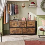 WLIVE Dresser for Bedroom with 5 Drawers, Wide Chest of Drawers, Fabric Dresser, Storage Organizer Unit with Fabric Bins for Closet, Living Room, Hallway, Rustic Brown Wood Grain Print