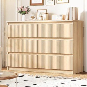 Jocoevol 6 Drawer Dresser for Bedroom, Boho Fluted Dresser with Deep Drawers, Large Double Natural Wood Dresser Chest of Drawers for Living Room, Hallway, Entryway (Wood)