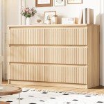 Jocoevol 6 Drawer Dresser for Bedroom, Boho Fluted Dresser with Deep Drawers, Large Double Natural Wood Dresser Chest of Drawers for Living Room, Hallway, Entryway (Wood)
