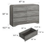 SOLACE FURNITURE Dresser for Bedroom, 47" Farmhouse Chest of Drawers Organize, Grey 6 Drawer Dresser, Curved Edge Design, Farmhouse Style Dresser for Bedroom, Living Room, or Hallway