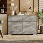 SOLACE FURNITURE Dresser for Bedroom, 47" Farmhouse Chest of Drawers Organize, Grey 6 Drawer Dresser, Curved Edge Design, Farmhouse Style Dresser for Bedroom, Living Room, or Hallway