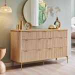 T4TREAM Fluted 7 Drawers Dresser for Bedroom, 54" Wide Modern Dresser TV Stand, Gold Accents, Fluted Fronts, Wood Storage Dressers Organizer for Bedroom, Living Room, Natural Oak