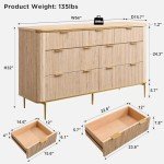 T4TREAM Fluted 7 Drawers Dresser for Bedroom, 54" Wide Modern Dresser TV Stand, Gold Accents, Fluted Fronts, Wood Storage Dressers Organizer for Bedroom, Living Room, Natural Oak