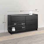 Prepac Simply Modern 6-Drawer Double Dresser for Bedroom, Chest of Drawers, Modern Bedroom Furniture, 52.5” wide x 16” deep x 29.5” tall, Black