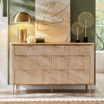 T4TREAM Fluted 7 Drawers Dresser for Bedroom, 54" Wide Modern Dresser TV Stand, Gold Accents, Fluted Fronts, Wood Storage Dressers Organizer for Bedroom, Living Room, Natural Oak