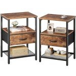 Huuger Nightstand Set of 2, Night Stand with Fabric Drawer, Mesh Shelf, Side Table with Storage, Fabric Drawer Dresser, Open Shelf, Metal Frame, Bedroom, Rustic Brown