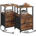 TUTOTAK End Table with Charging Station, Side Table with 2 USB Ports and Outlets, Nightstand with Cloth Drawer, Set of 2, Couch Table, Brown TB01BB052