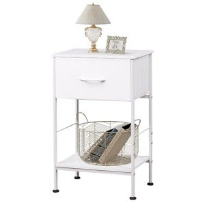 WLIVE White Nightstand, Night Stand with Fabric Storage Drawer and Open Wood Shelf, Small End Side Table, Bedside Table for Bedroom, Dorm, Easy Assembly, 25.03" Height