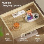 SUPERJARE Nightstands Set of 2, Night stands with Charging Station & PE Rattan Decor Drawer, Bed Side Tables with Solid Wood Feet, End Table, for Bedroom, Living Room - Natural