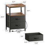 Huuger Nightstand with Charging Station, Side Table with Fabric Drawers, End Table with Open Shelf, Bedside Table with USB Ports and Outlets, Night Stand for Bedroom, Rustic Brown and Black