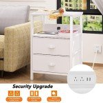 Furologee End Table with Charging Station, Nightstand with Fabric Drawers, Side Tables with USB Ports & Outlets, Night Stand with Storage Shelf & Hooks, for Living Room/Bedroom, White