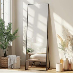 Delma Wall Mirror Full Length Mirror,Standing Mirror Full Body,Large Floor Mirror for Wall Door Bedroom Bathroom Living Room with Aluminium Frame(with Stand,56x15-Black)