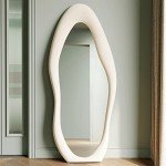 Honyee Full Length Mirror, 63" x 24" Wall Mirror, Flannel Wrapped Wooden Frame Full Body Mirror, Irregular Wavy Mirror Hanging or Leaning Against Wall for Cloakroom/Bedroom/Living Room, Ivory White
