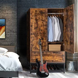 VINGLI 38" W Armoire, Wardrobe Closet with Hanging Rod, Bedroom 71" Freestanding Wardrobe Cabinet with Doors, Adjustable Shelves and Drawer, Open Compartment, Rustic Brown