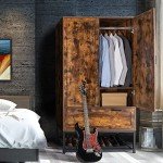 VINGLI 38" W Armoire, Wardrobe Closet with Hanging Rod, Bedroom 71" Freestanding Wardrobe Cabinet with Doors, Adjustable Shelves and Drawer, Open Compartment, Rustic Brown