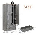 Yechen 71" Wooden Armoire Wardrobe Closet - Modern Functional Clothes Tall Storage Cabinet with Adjustable Shelf and Hanging Rail, Sturdy Freestanding Closet Wardrobe with 2 Wide Drawers for Bedroom
