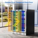 Empava Wine and Beverage Refrigerator Cooler Dual Zone 24 inch, Built-in Counter or Freestanding Fridge with Glass Door and LED Light, 78 Cans and 20 Bottles Capacity, Silver