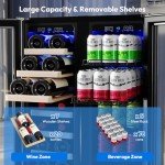 Empava Wine and Beverage Refrigerator Cooler Dual Zone 24 inch, Built-in Counter or Freestanding Fridge with Glass Door and LED Light, 78 Cans and 20 Bottles Capacity, Silver