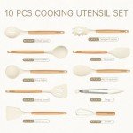 CAROTE Silicon Cooking Utensils Set for Kitchen,446°F Heat Resistant 10 pcs Non-Stick Cooking Set with Wooden Handle Spatula Turner Spoon Tongs Whisk