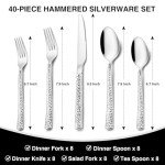 Hammered Silverware Set, 40-Piece Stainless Steel Square Flatware Set for 8, Food-Grade Tableware Cutlery Set, Utensil Sets for Home Restaurant, Mirror Finish, Dishwasher Safe