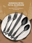 Stapava 48 Pcs Black Silverware Set with Steak Knives, Gorgeous Retro Royal Silverware Set for 8, Stainless Steel Mirror Flatware Cutlery Set, Include Forks Spoons and Knives set, Dishwasher Safe