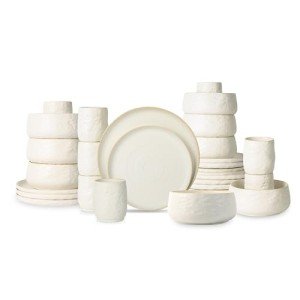 Stone by Mercer Project SHOSAI 32-Piece Stoneware Dinnerware Set, Plates and Bowls Set, Modern Dishware set fo 8, White Speckled