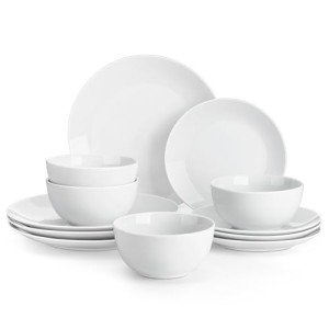 MALACASA 12 Pieces Gourmet Porcelain Dinnerware Sets, Modern White Dish Set for 4, Premium Serving Plates and Bowls Sets, Chip and Scratch Resistant Dishware Sets, Series AMELIA