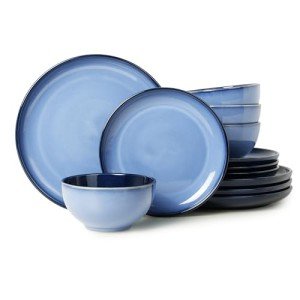 Pokini Stoneware Dinnerware Sets, Ceramic Plates and Bowls Set, Microwave & Dishwasher Safe Kitchen Dish Set, Modern Dinner Plates | Salad Plates | Cereal Bowls for 4, Dishware Sets Blue