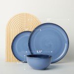 Pokini Stoneware Dinnerware Sets, Ceramic Plates and Bowls Set, Microwave & Dishwasher Safe Kitchen Dish Set, Modern Dinner Plates | Salad Plates | Cereal Bowls for 4, Dishware Sets Blue